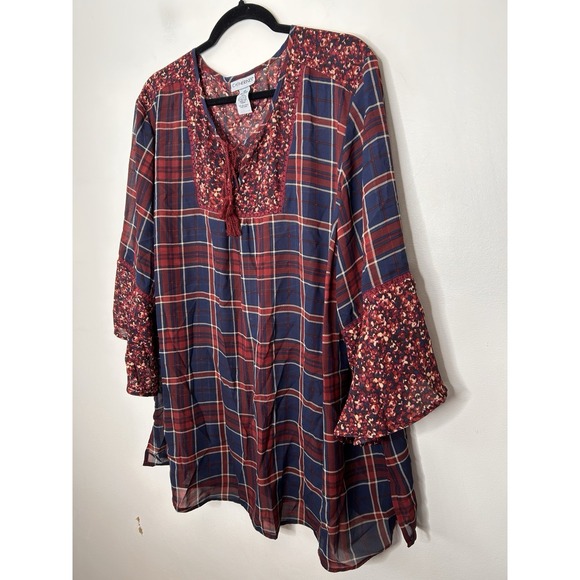CATHERINES Women's Red Blue Plaid Sheer 3/4 Sleeve Top Blouse Size 2X 22/24 - Picture 4 of 8